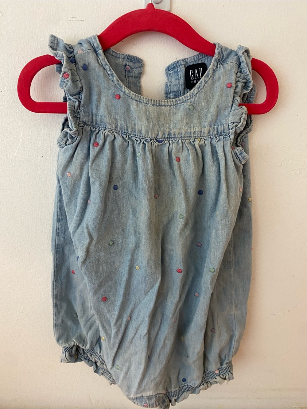 GAP Light Blue Denim Baby Romper with Multicolor Dots